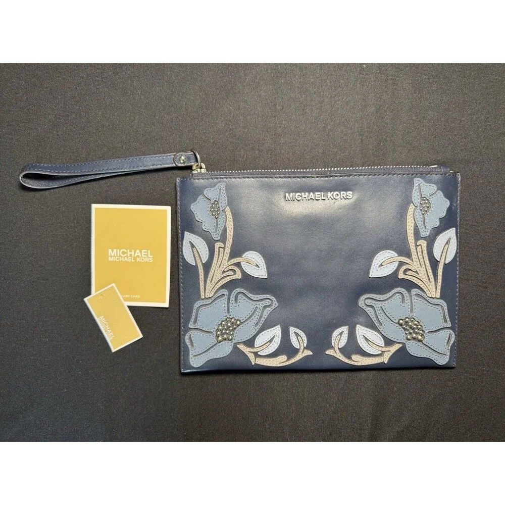 Michael Kors Noveau Floral Embellished Navy Blue Leather Clutch